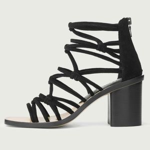 Rag Bone Camille Macrame Black Suede Leather Strap Block Heel Shoes Sandals